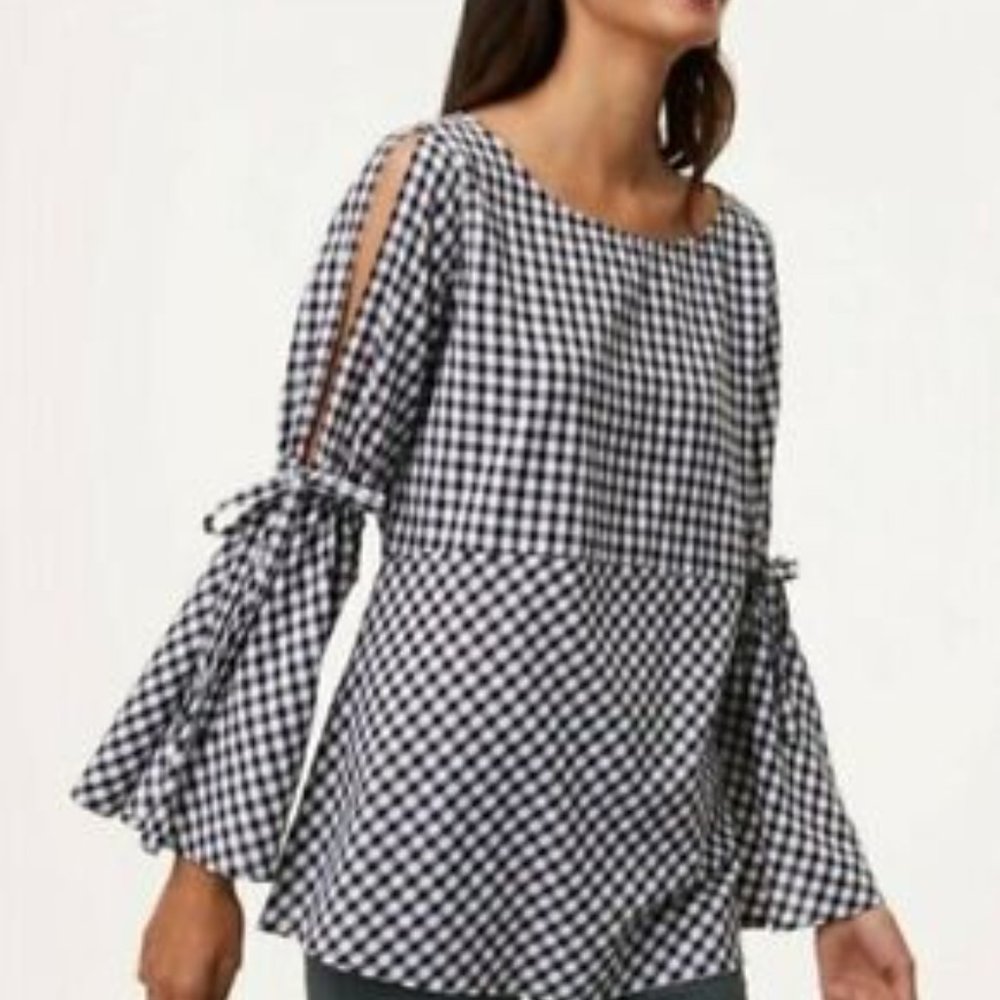 LOFT Gingham Tie Split Bell Sleeve Top